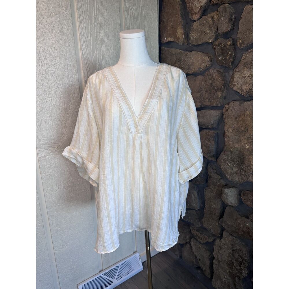 Anthropologie Pilcro Linen Striped V-Neck Tunic Top Beige White Women 3X Plus